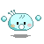 Pixelated light blue character with rounded body, black square eyes, white circular mouth, orange cheeks, and three antennae, shown in two expressions with floating bubbles.