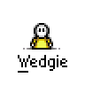 Animated contact sheet of 18 pixel art frames showing a yellow stick figure character performing various actions with the text "Wedgie" beneath each frame.