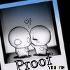 Two cartoon characters kiss under a heart symbol, with "Proof" and "YOU+ME" text below, in a polaroid-style frame.