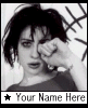 Black-and-white image of a person with dark hair wiping their eye, wearing a short-sleeve top, against a background with abstract lines and text reading "Your Name Here".