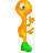 Pixelated orange figure with single large eye, green boot-shaped base, and one raised hand against gray background.