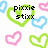 Pixelated heart-shaped icon with green outline and black text "Pixxie stixx" inside, surrounded by smaller pink and blue hearts on white background.