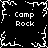 Black-and-white pixelated icon with four 'Camp Rock' text blocks surrounding a central snowflake-like pattern, framed by irregular white border fragments.
