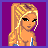 Pixel art contact sheet showing six frames of an animated buddy icon featuring a cartoon woman with blonde hair, revealing top, and jeans against purple background with stylized text.