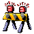 Two pixelated figures with yellow and gray striped bodies, black limbs, and red or yellow heads emitting pink sparkles.