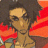 Pixelated static image of a character with dark curly hair and red shoulder accents against a brown background.