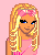 Pixelated cartoon character with long blonde hair and blue eyes, wearing a pink top against a light pink background.