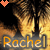 Animated contact sheet showing three frames of a buddy icon with golden wolf-like creature, orange and yellow hearts, and "Rachel" text on dark background.