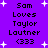 Purple background with white starbursts and black pixelated text reading 'Sam Loves Taylor Lautner (333)' in two vertical