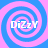 Four identical spiral patterns in blue and pink with the text "DiZzY" overlaid in white, arranged in a on a solid pink background