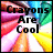 Pixelated image with bold black text 'Crayons Are Cool' overlaid on a colorful abstract background of blended pink, orange, yellow, green, and blue hues.