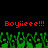 Red text 'Boyieee!!!' repeated twice above green pixelated shapes on black background.