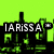 A split-screen animated icon with a bright green left side showing 'LARISSA' text and a grayscale right side with a '<3' symbol over a mechanical background.