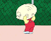 Animated cartoon character in red overalls and yellow shirt stands against green chain-link fence, holding large white object with visible motion across frames.