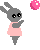 A 3x3 contact sheet of pixel art frames showing a gray rabbit in a pink dress interacting with a pink ball across multiple animation states.