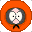 Four orange circular frames contain pixelated character poses with varying expressions and body positions.