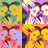 Pixelated cartoon face with large eyes and a wide mouth, repeated in four color variations across a