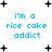Pixelated blue text 'i'm a rice cake addict' repeated across white background with black plus signs and dots, some frames show dotted outlines.