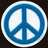 Blue peace symbol inside white circle on dark background, red heart with black outline on white background, musical notes on white background.