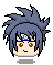 Four pixelated character head views with spiky blue hair, brown eyes, and a silver forehead protector on gray background.