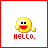 A yellow pixelated smiley face with black eyes and red mouth appears in two states: first saying HELLO. then I HATE YOU.
