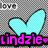 Pixelated cyan butterfly with black outline above pink text 'Lindzie' on gray checkered background.