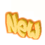 Yellow 3D text reading 'New' with orange outline on white background, showing animation variations including star symbols and letter spacing changes.
