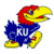 Pixelated cartoon mascot with red head, yellow beak and feet, blue body wearing 'KU' shirt on white background.