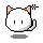A 4-frame pixel art animation of a white cat-like character with orange ears and black outlines, displayed in a 2x2 contact sheet on a gray background.