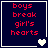 Four display red text 'boys break girl's hearts' on dark blue backgrounds with white borders, each containing a different heart symbol