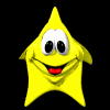 Yellow star-shaped character with white eyes and red mouth in multiple poses against black background.