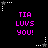Black background with repeated pink text "TIA LUVS YOU!" and white star-shaped cursor icons with dotted trails.