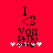 Red background with black text 'I <3 YOU' and white stars, featuring a pixelated character with changing eye colors between frames.
