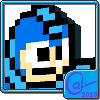 Pixel art icon of a blue-haired character with black and white facial features, framed by a light blue border on gray background.