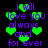 Pixelated green hearts float around purple text reading "I will love you always and for ever" on a black background.