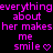 Pixelated text in bright pink on black background repeats 'everything about her makes me smile' with a heart symbol.