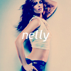 A woman with long dark hair poses in a cropped sleeveless top and dark pants, hand on hip, against a light background with the word 'nelly' overlaid.