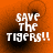 Four orange display white pixelated text reading 'SAVE THE TIGERS!!' with black circular shadows behind each