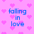 Pixelated pink background with scattered pink hearts and blue text reading 'falling in love' in four identical quadrants.