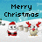 Pixelated holiday-themed image with 'Merry Christmas' text above two cartoon characters in a snowy landscape.
