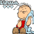 Pixelated cartoon character in red shirt and brown pants holding light blue towel, with 'Lirua' text above and heart symbols changing color.