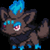 Pixelated creature with brown body, blue accents, and pink eyes in three poses against black background.