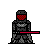 Pixel art character in dark armor with red visor holding horizontal red lightsaber, showing saber glow variation