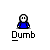 Pixelated blue figure with white face and black outline in various poses above 'Dumb' text on gray background.
