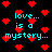 Pixelated red hearts float over cyan text reading 'love... is a mystery...' on black background.