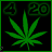 Green cannabis leaf icon with '4 20' text in top corners, black background, green border, pixelated style.
