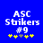 Blue background with white pixelated text "ASC Stikers #9" and five yellow plus signs below, one gray sign in the middle.