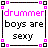 Static pixel art icon with a white background, black and pink border elements, and text reading "drummer boys are sexy" in two different fonts.