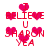 Pixelated red text and pink hearts on white background, with 'BELIEVE', 'U', 'SHARON', 'YEA', and 'I' arranged in vertical and horizontal layouts.