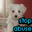 Pixelated image of a light-colored dog with dark eyes and nose, standing against a blurred background with text overlay reading 'stop abuse' in blue block letters.